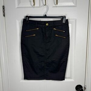 Express Black Denim Pencil Skirt with Gold Zipper Accents